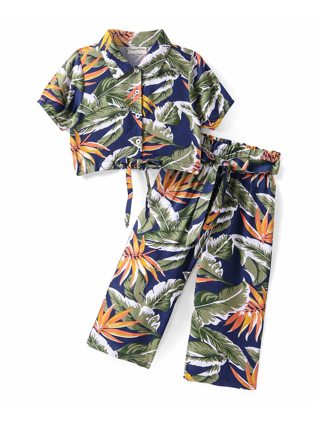 

CrayonFlakes Girls Floral Printed Shirt Collar Shirt & Palazzos, Navy blue