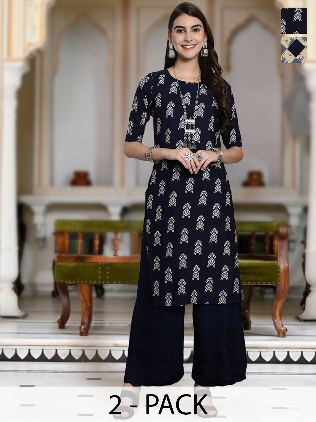 

Moda Rapido Selection Of 2 Floral Printed Round Neck Straight Kurta, Black