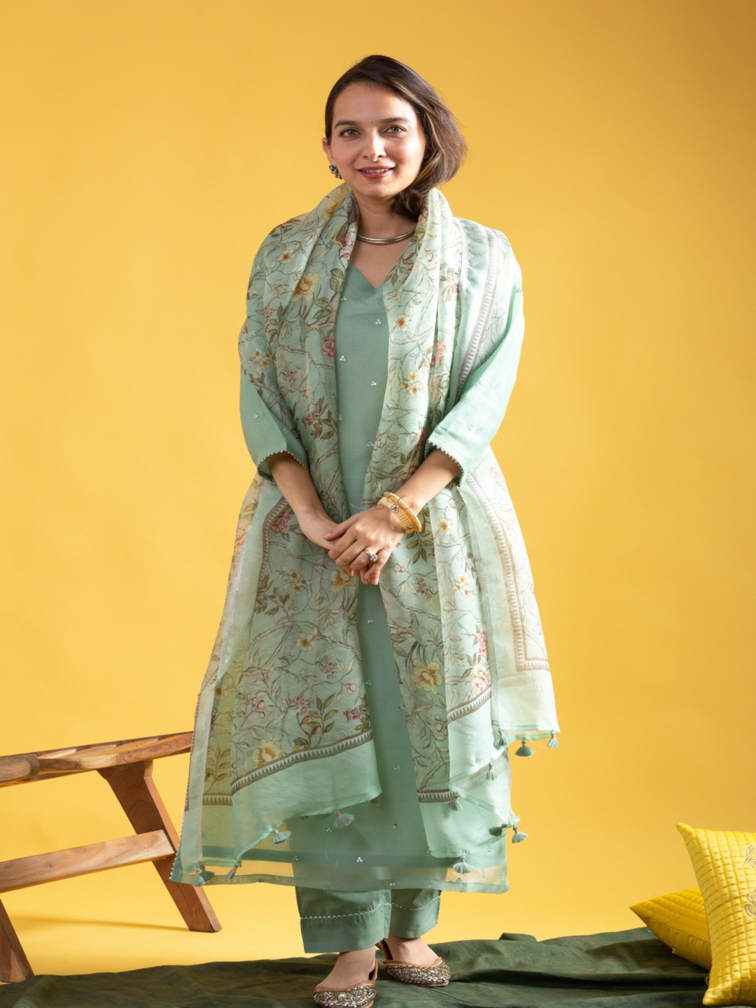 

Nimidiya Women Embroidered Regular Mirror Work Chanderi Silk Kurta with Trousers & With Dupatta, Sea green