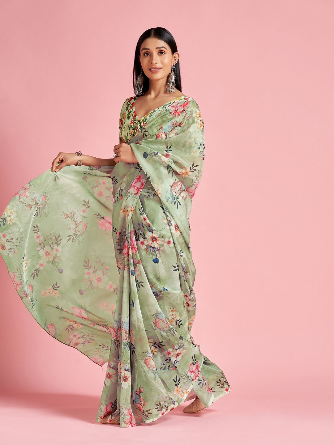 

Mitera Floral Organza Saree, Green