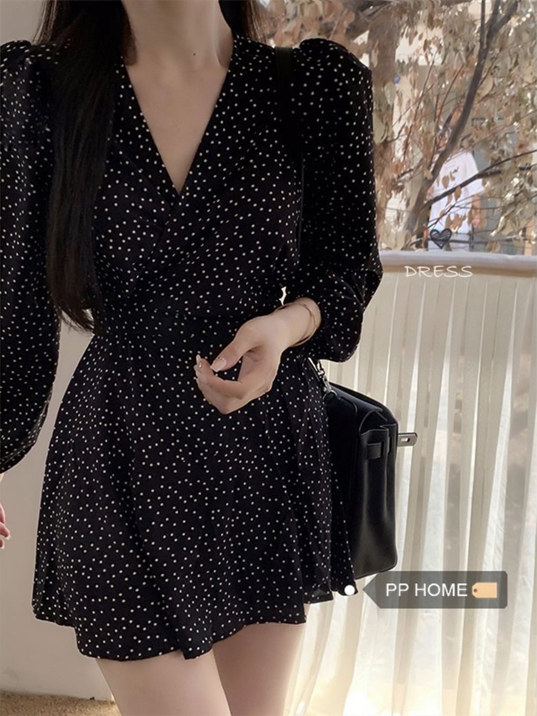 

DressBerry Polka Dot Print A-Line Midi Dress, Black
