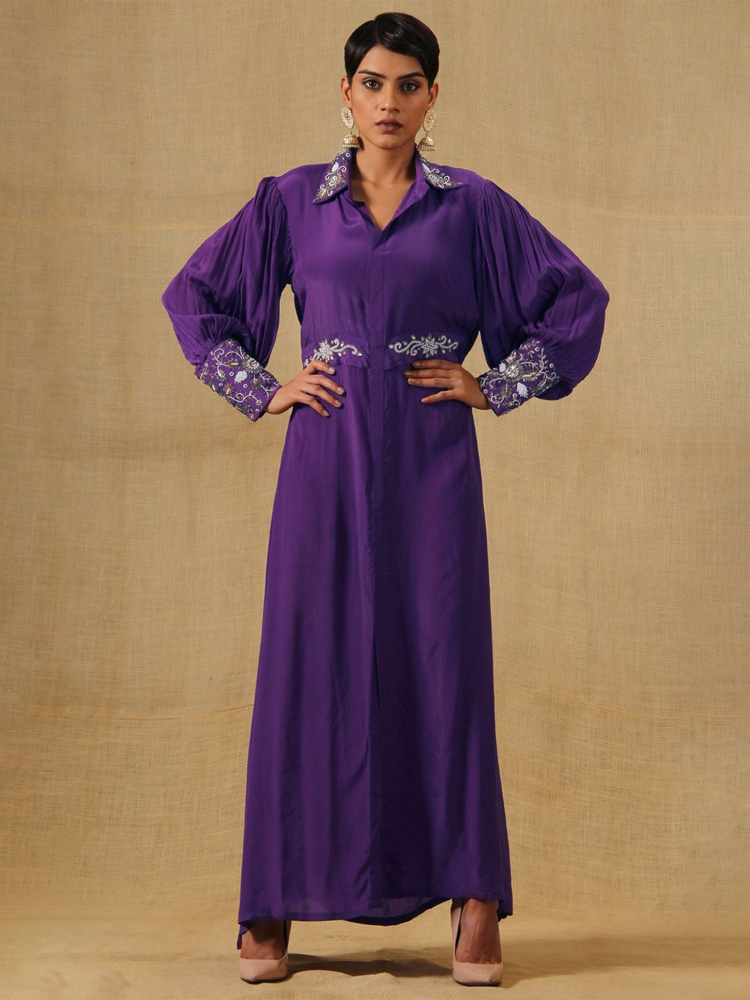 

KHUSHBOO AND PANKAJ Embellished Embroidered Bishop Sleeve Crepe Maxi Dress, Purple