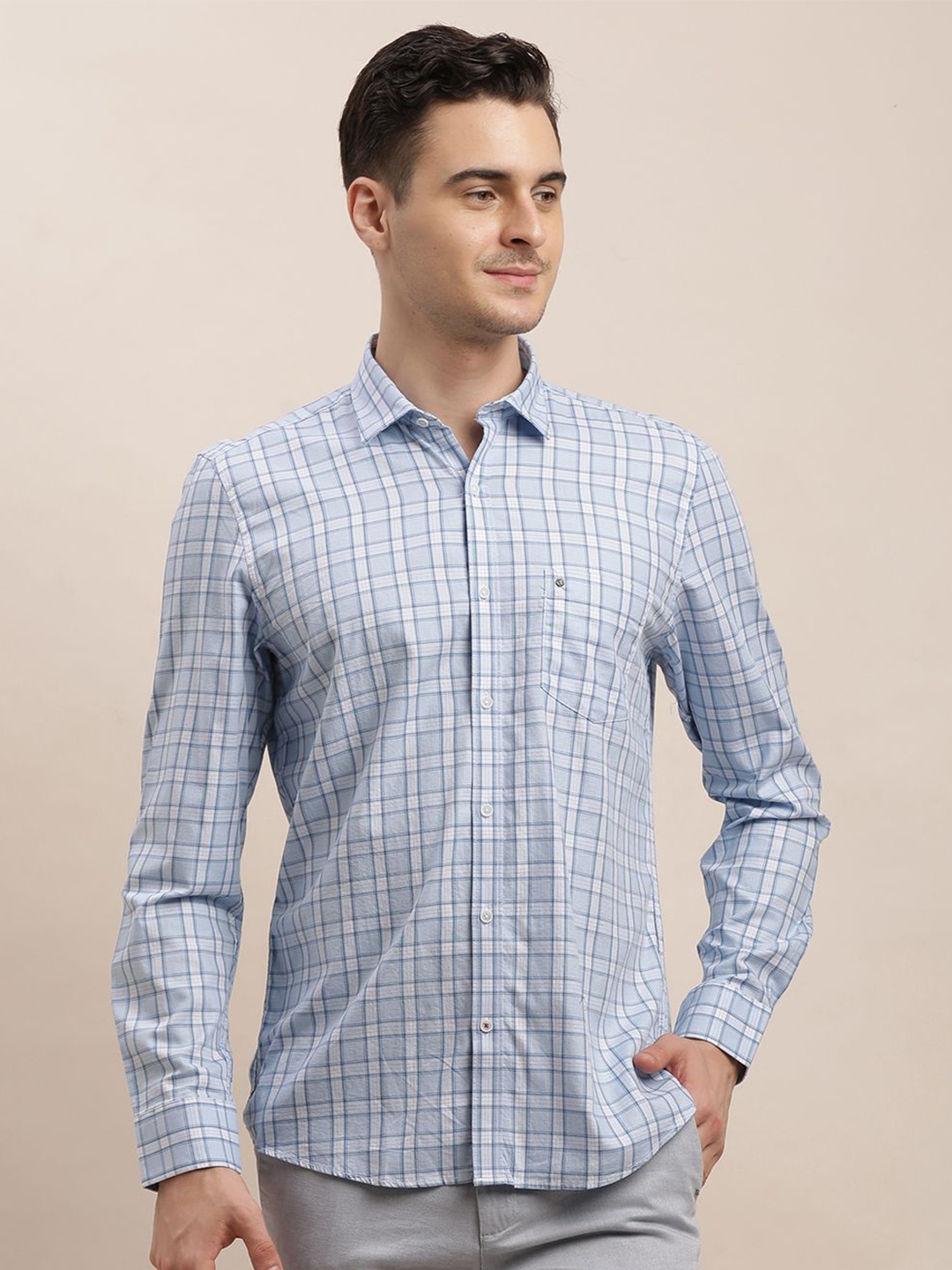 

Turtle Men Relaxed Slim Fit Opaque Checked Casual Shirt, Blue