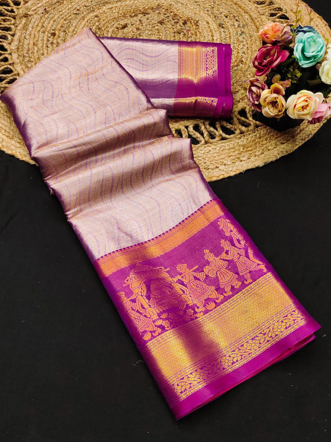 

SILKWEAR Woven Design Zari Pure Silk Kanjeevaram Saree, Purple