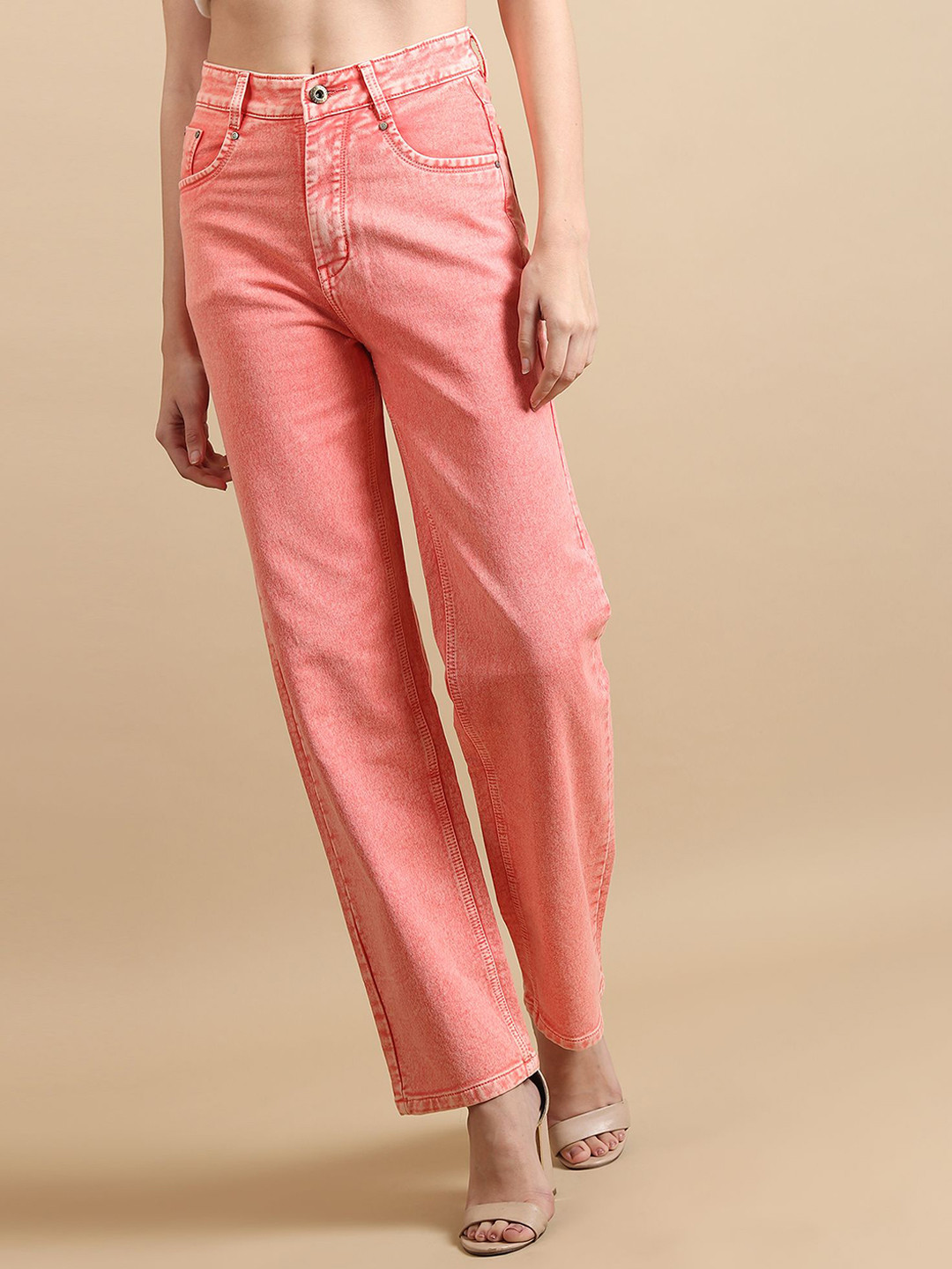 

DressBerry Women Comfort Straight Fit High-Rise Light Fade Acid Wash Stretchable Jeans, Orange