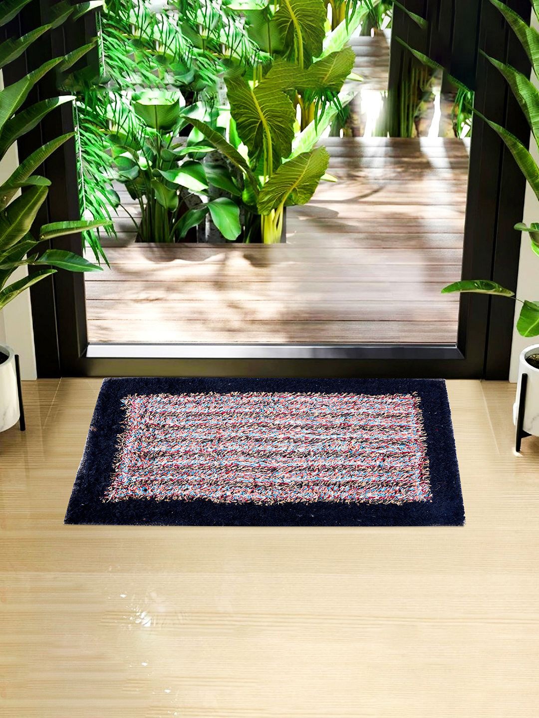 

Kuber Industries Blue & White Striped Rectangular Stain Resistant Dust Trapper Doormat