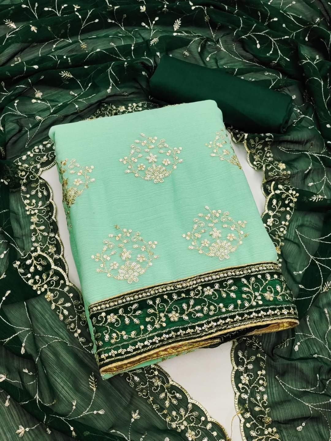 

SWARNGANGA TEX Floral Embroidered Sequinned Georgette Unstitched Dress Material, Green