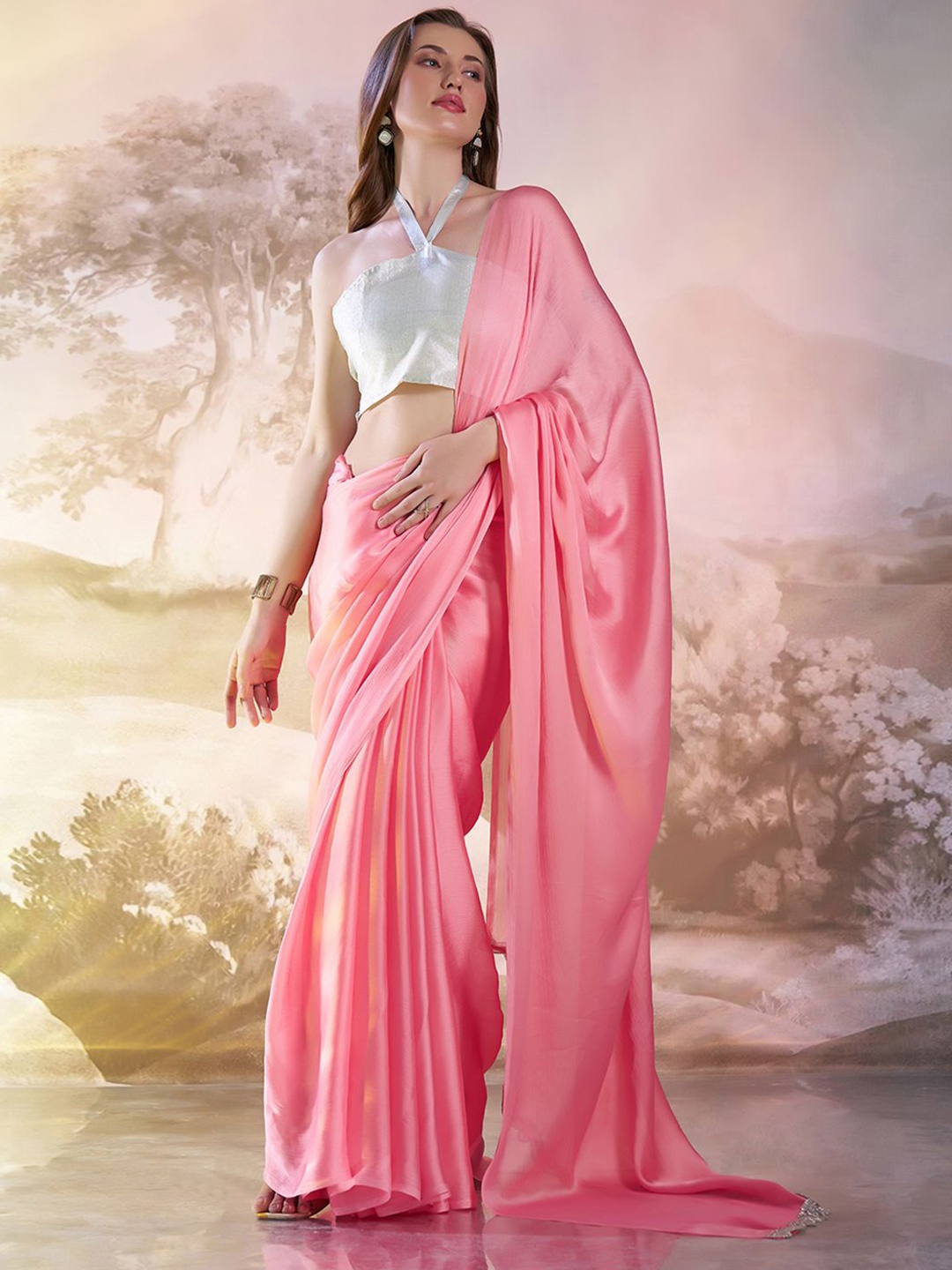 

Kalista Beads and Stones Pure Chiffon Ready to Wear Saree, Pink