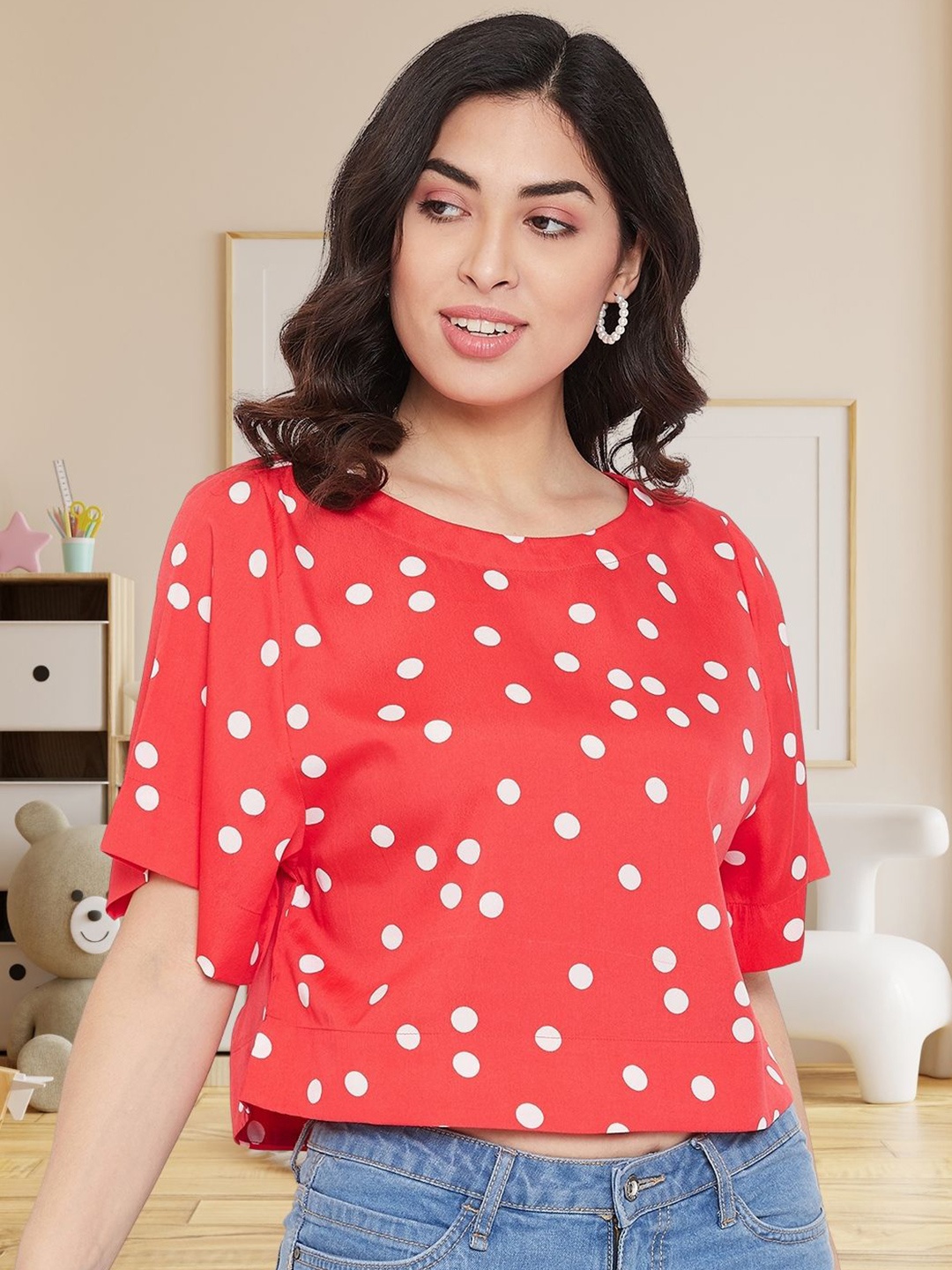 

DressBerry Polka Dot Print Crepe Boxy Crop Top, Red