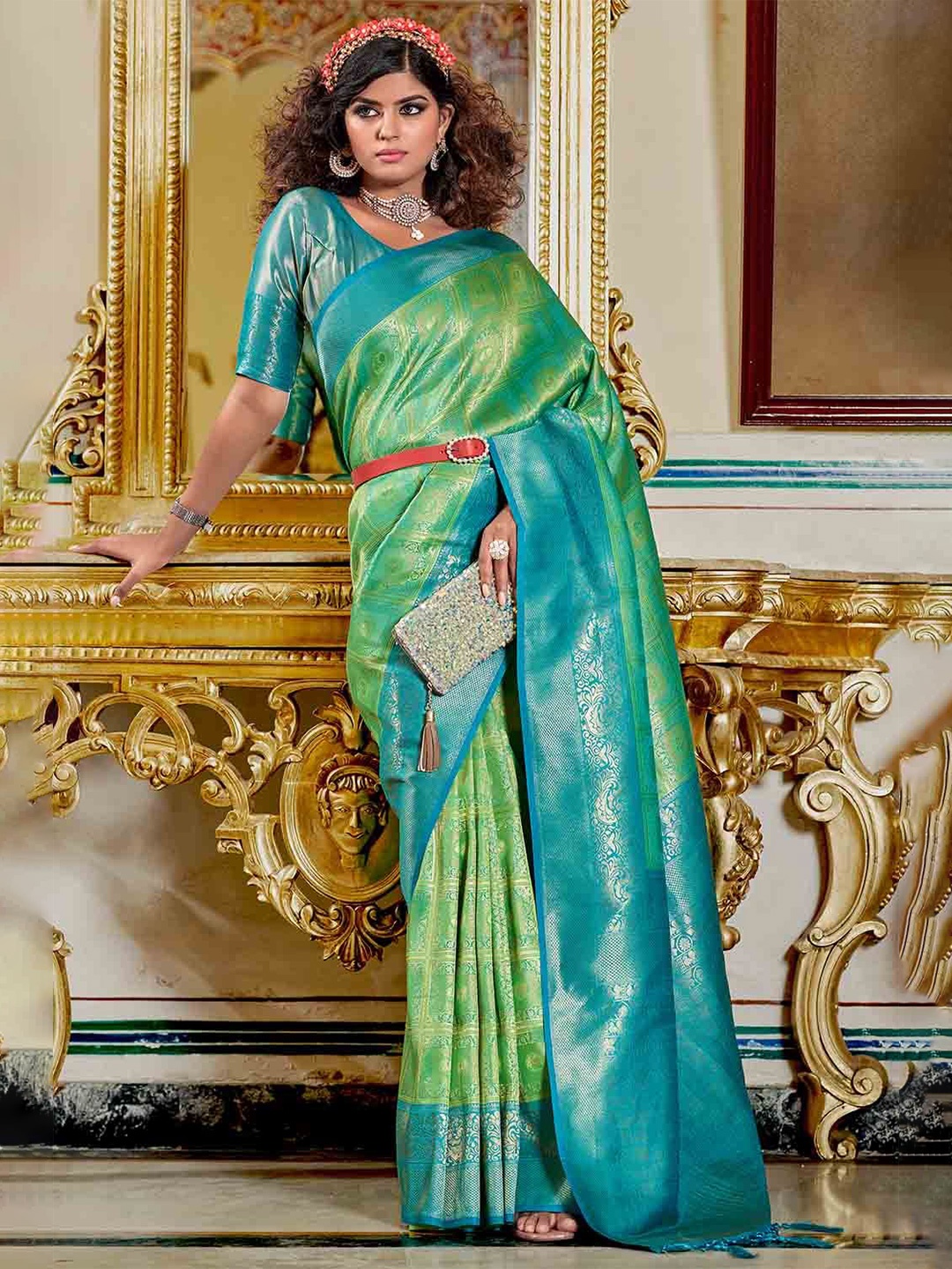 

FASHION STROM Woven Design Zari Silk Blend Banarasi Saree, Green