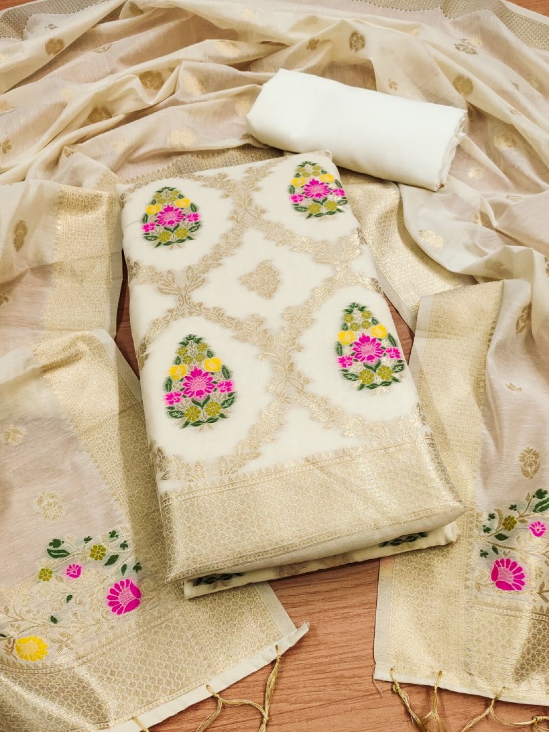 

Rangtulika Ethnics Floral Woven Design Unstitched Dress Material, White