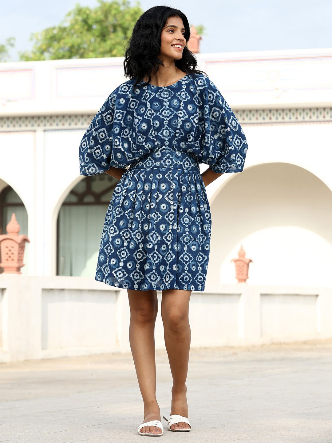 

OKHAI Agatha Handblock Printed Pure Cotton Indigo Dress, Blue