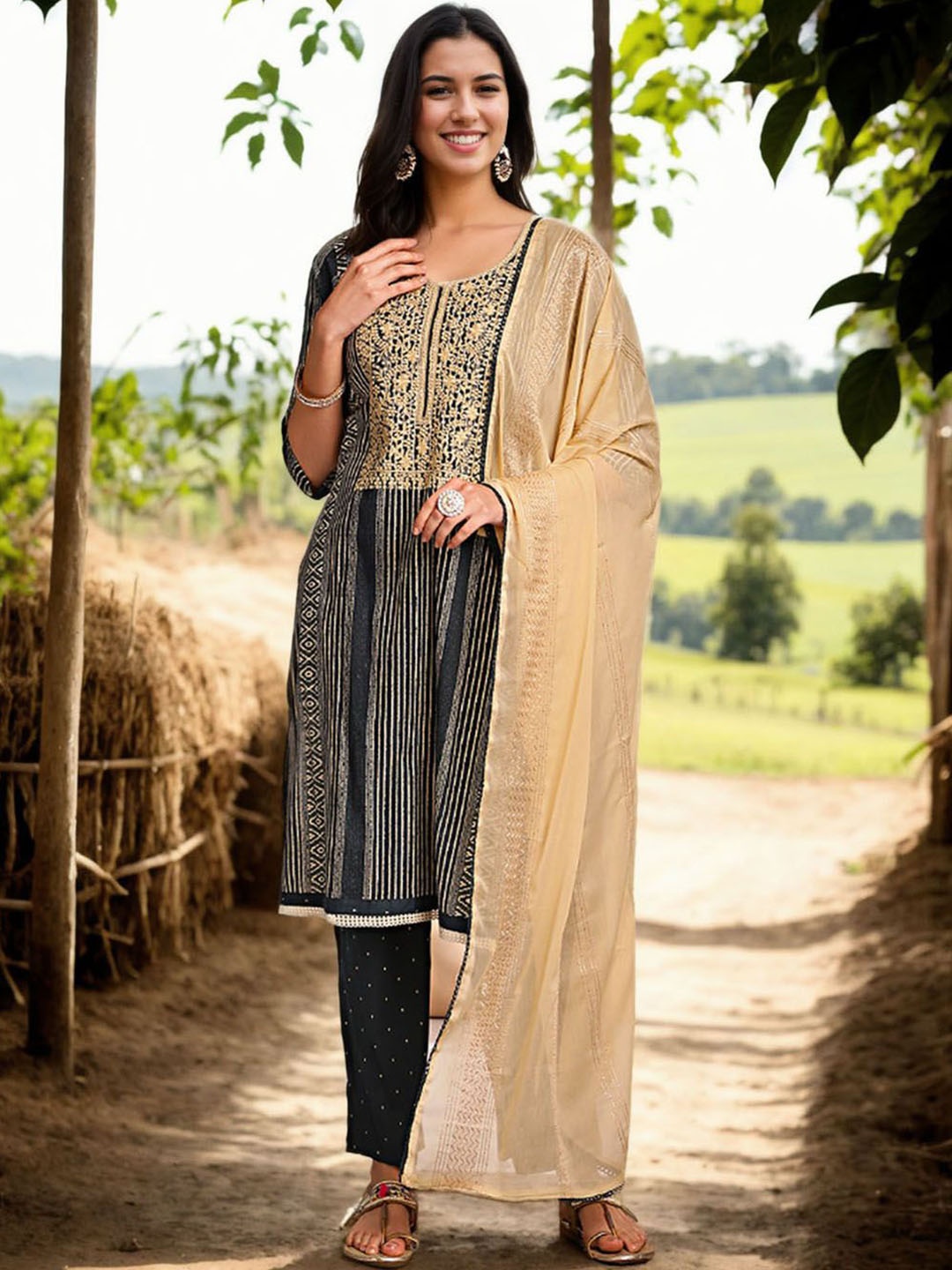 

Anouk Women Ethnic Motifs Embroidered Regular Thread Work Pure Cotton Kurta with Trousers & With Dupatta, Charcoal