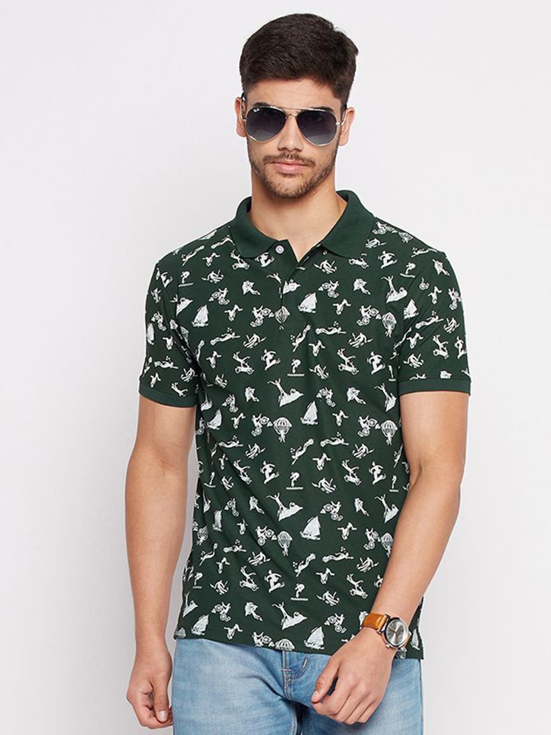

XYRIS Men Printed Polo Collar T-shirt, Olive