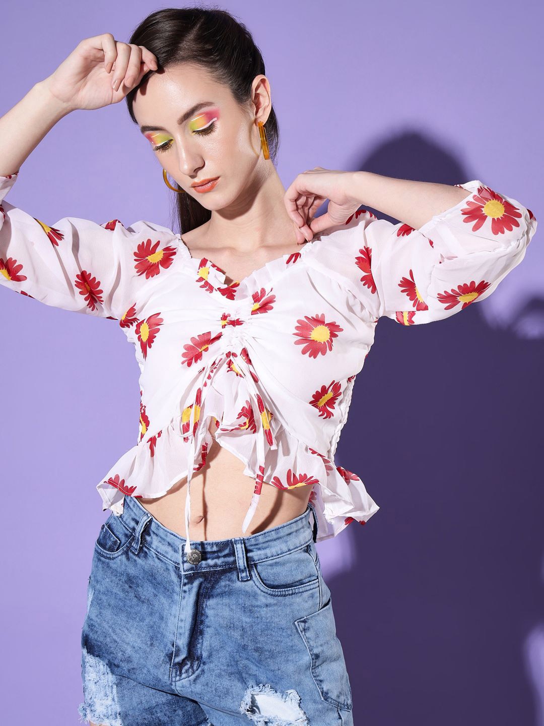 

DIMPY GARMENTS Floral Print Bell Sleeve Georgette Crop Top, Red