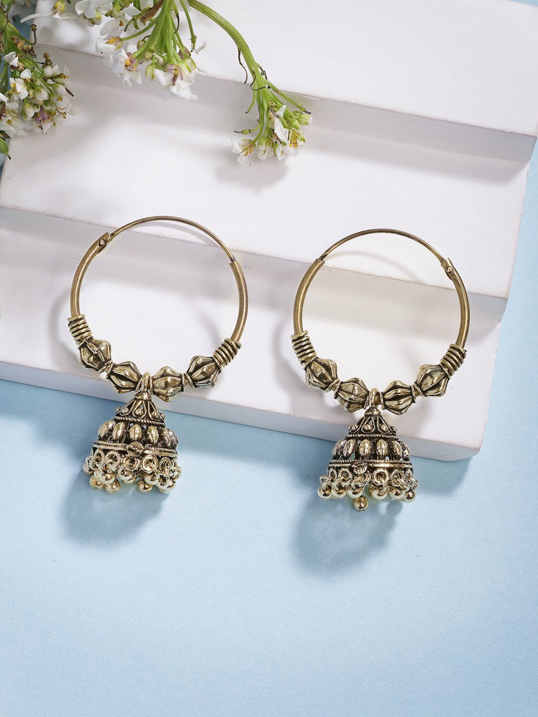 

NVR Women German Silver Gold Plated Dome Shaped Oxidised Jhumka Earrings