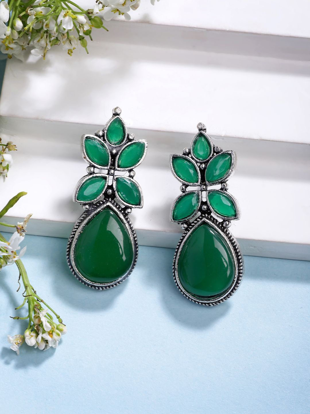 

NVR Women German Silver Artificial Stones Silver Plated Drop Earrings, Green