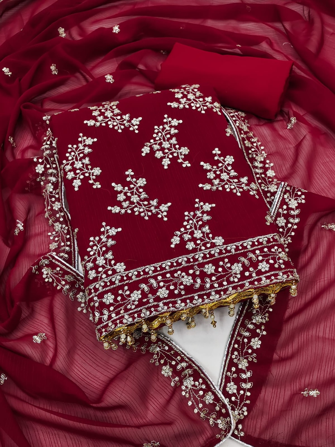 

SWARNGANGA TEX Floral Embroidered Unstitched Dress Material, Red