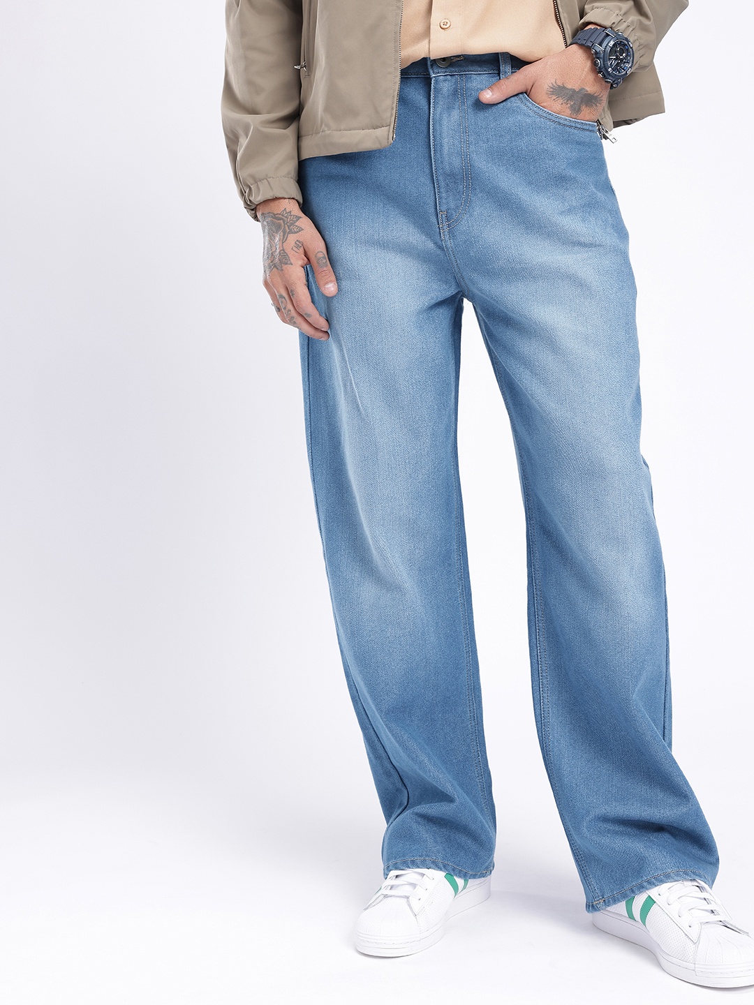 

glitchez Men Edgy Cool Wide Leg Light Fade Jeans, Blue