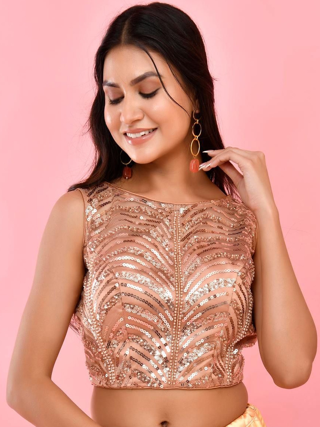 

Amodini Designer Studio Sequined Embellished Boat Neck Sleeveless Padded Saree Blouse, Rose gold
