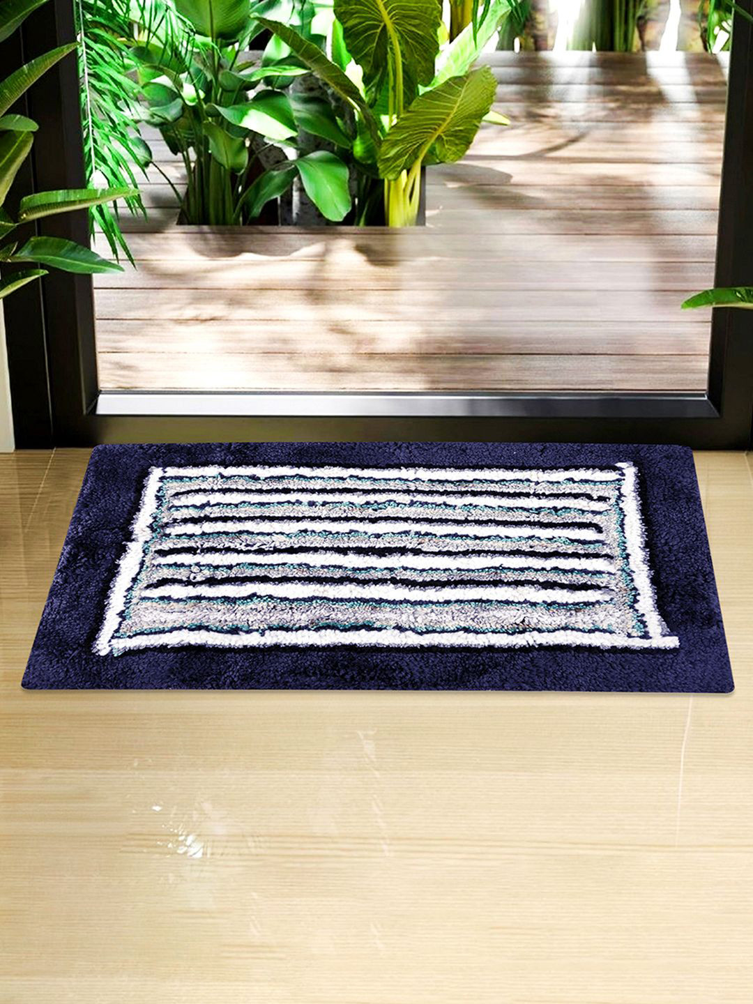 

Kuber Industries Blue & White Striped Rectangular Stain Resistant Dust Trapper Doormat