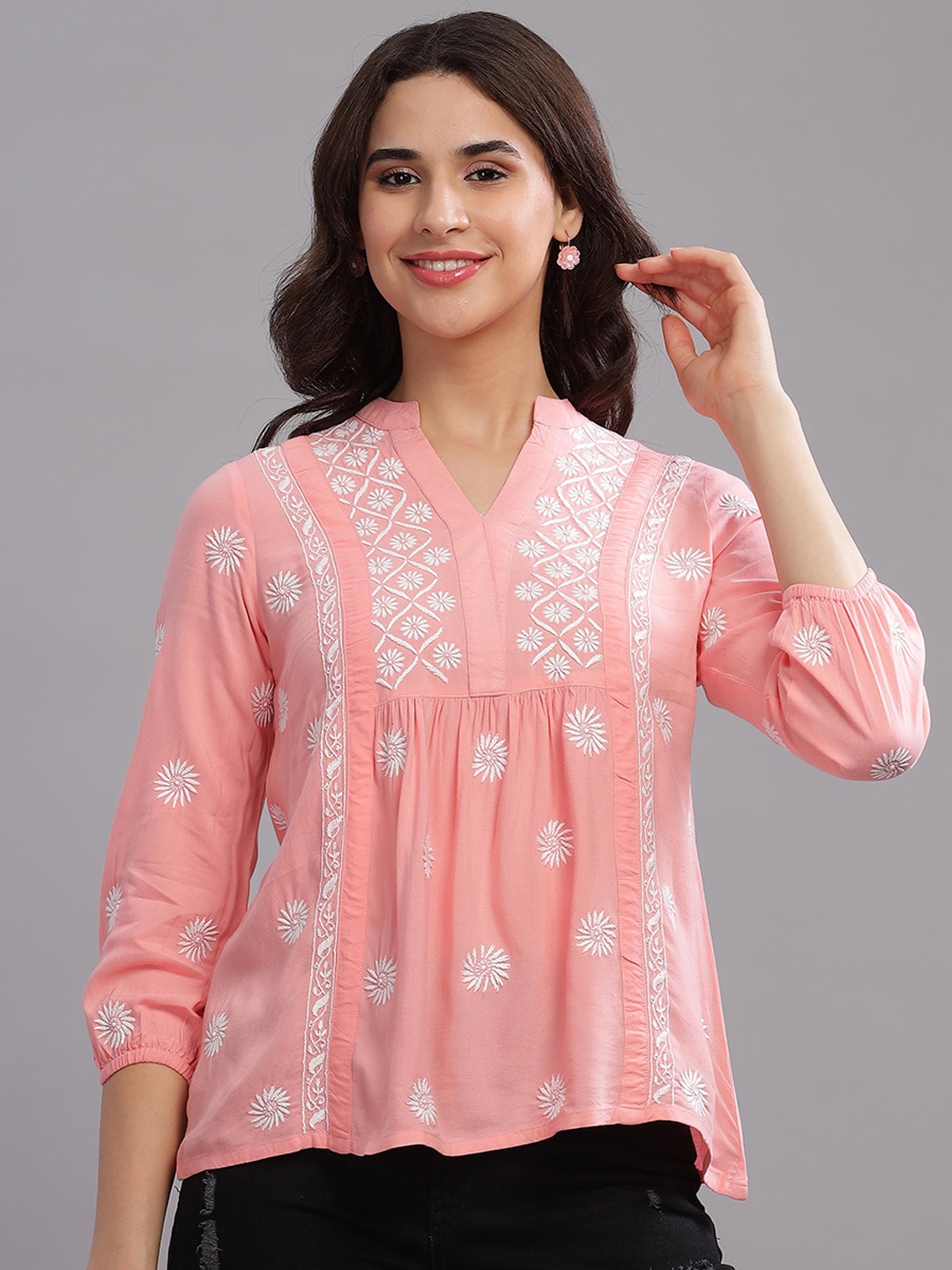 

Club Loom Floral Embroidered Mandarin Collar Pure Cotton Tunic, Pink