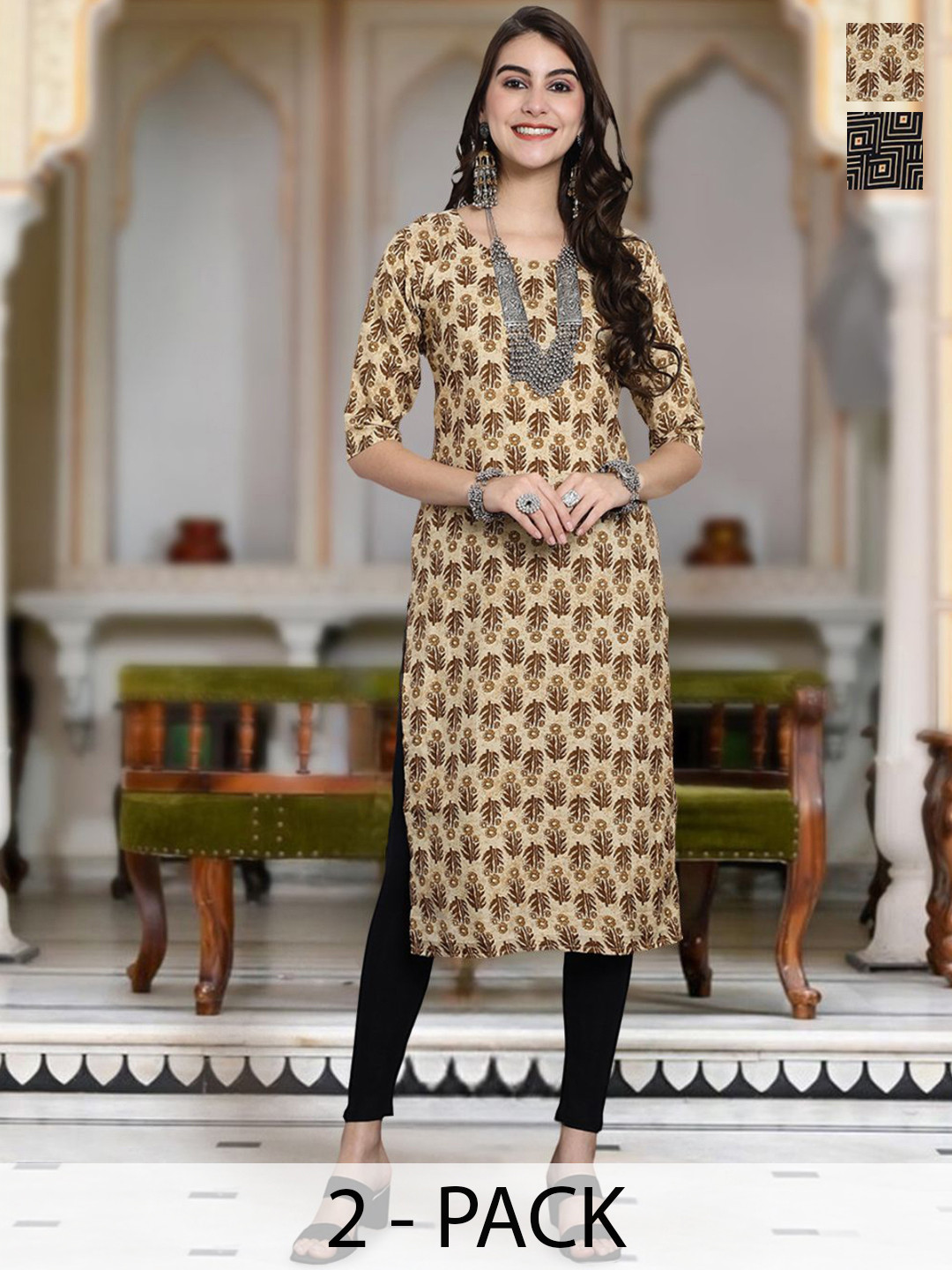 

Moda Rapido Selection Of 2 Floral Printed Round Neck Straight Kurta, Beige