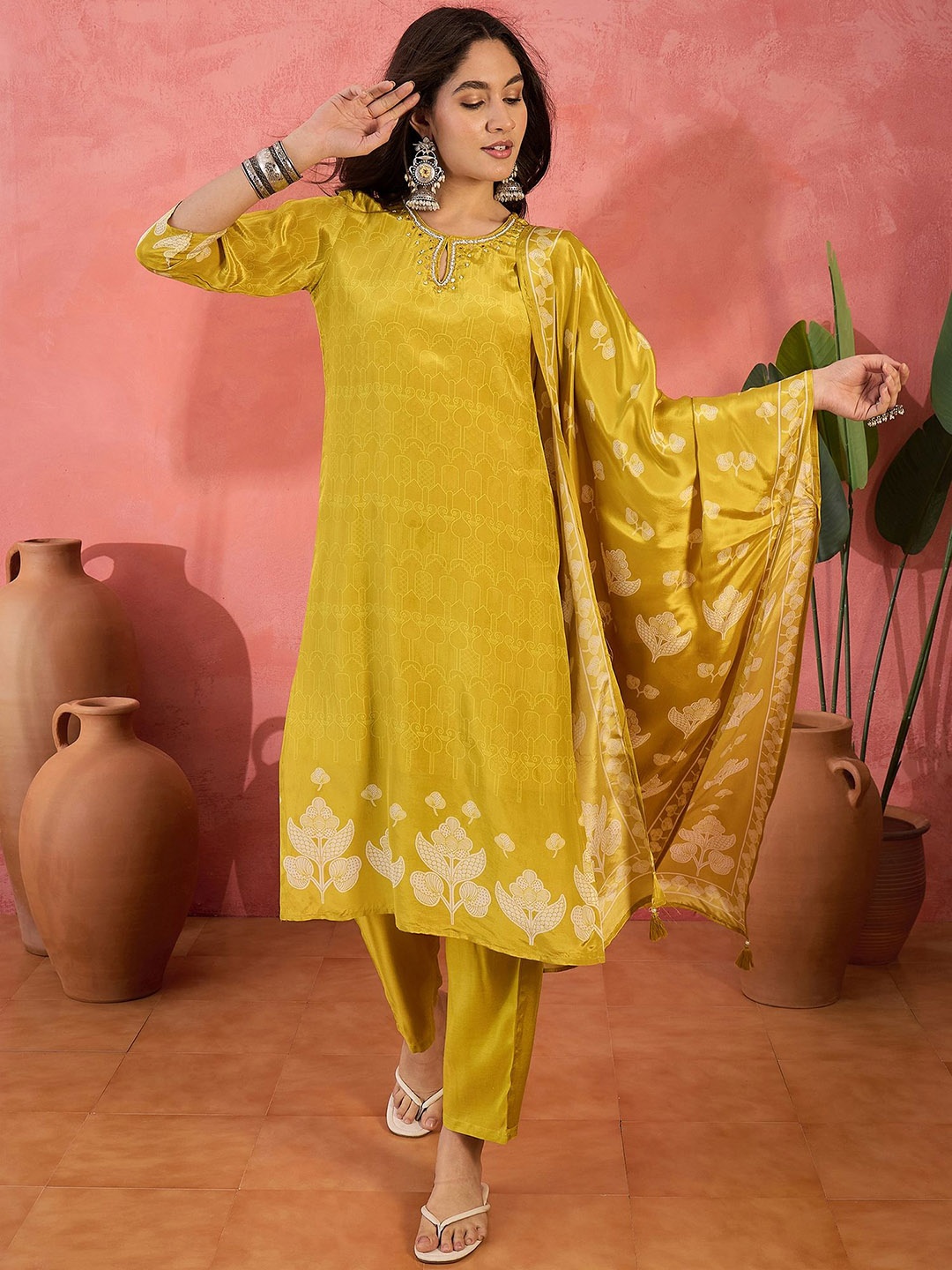 

Sangria Geometric Printed Kurta & Trousers With Dupatta, Mustard