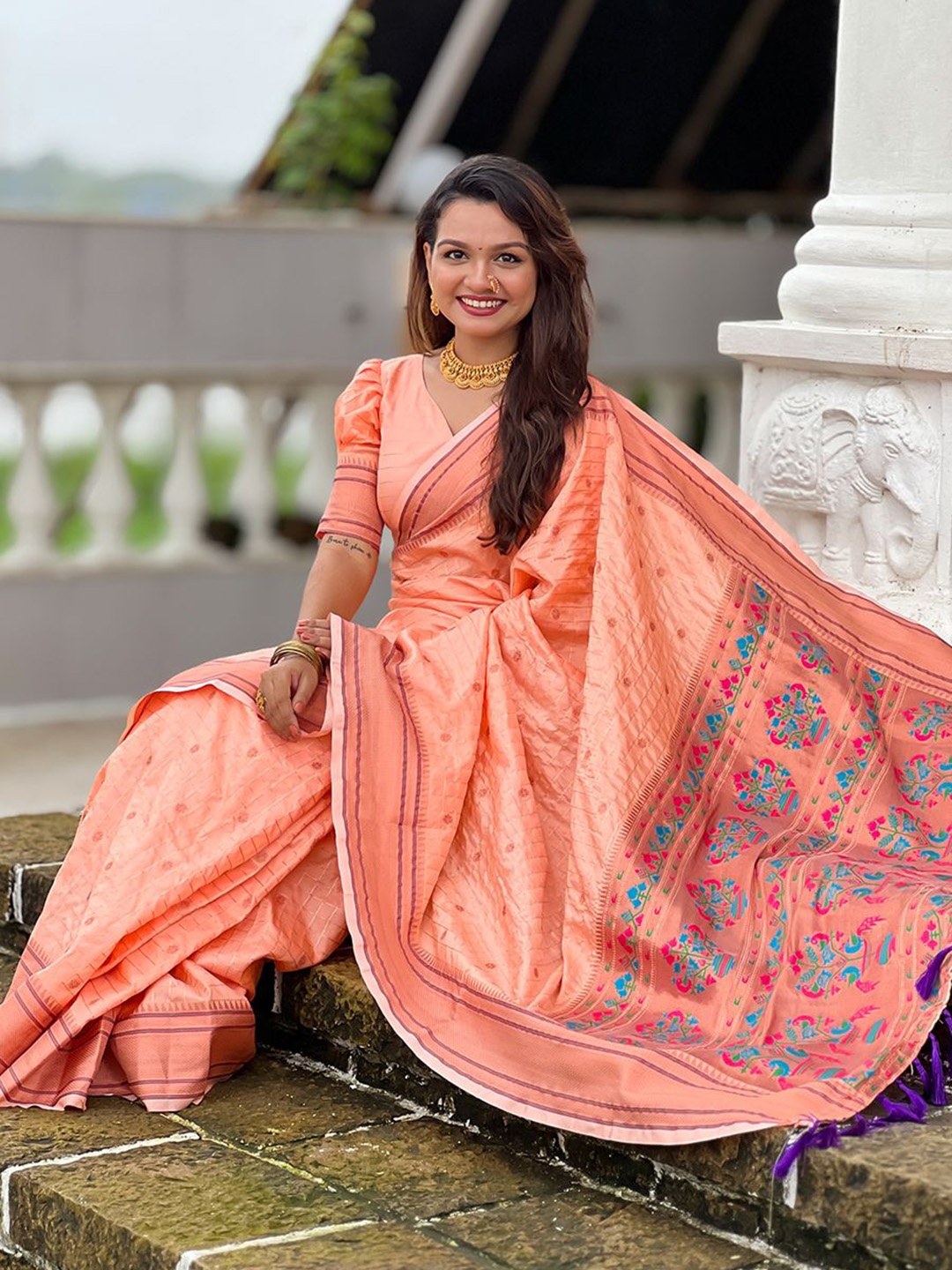 

all about you Woven Design Zari Silk Blend Paithani Saree, Peach