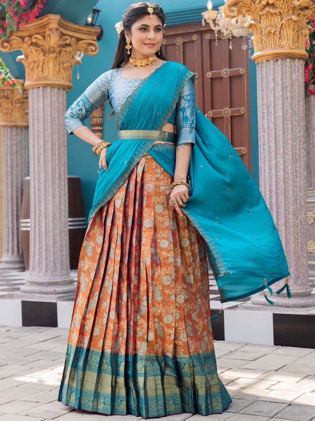 

DrapeMall Floral Woven Design Semi-Stitched Lehenga & Unstitched Blouse With Dupatta, Orange