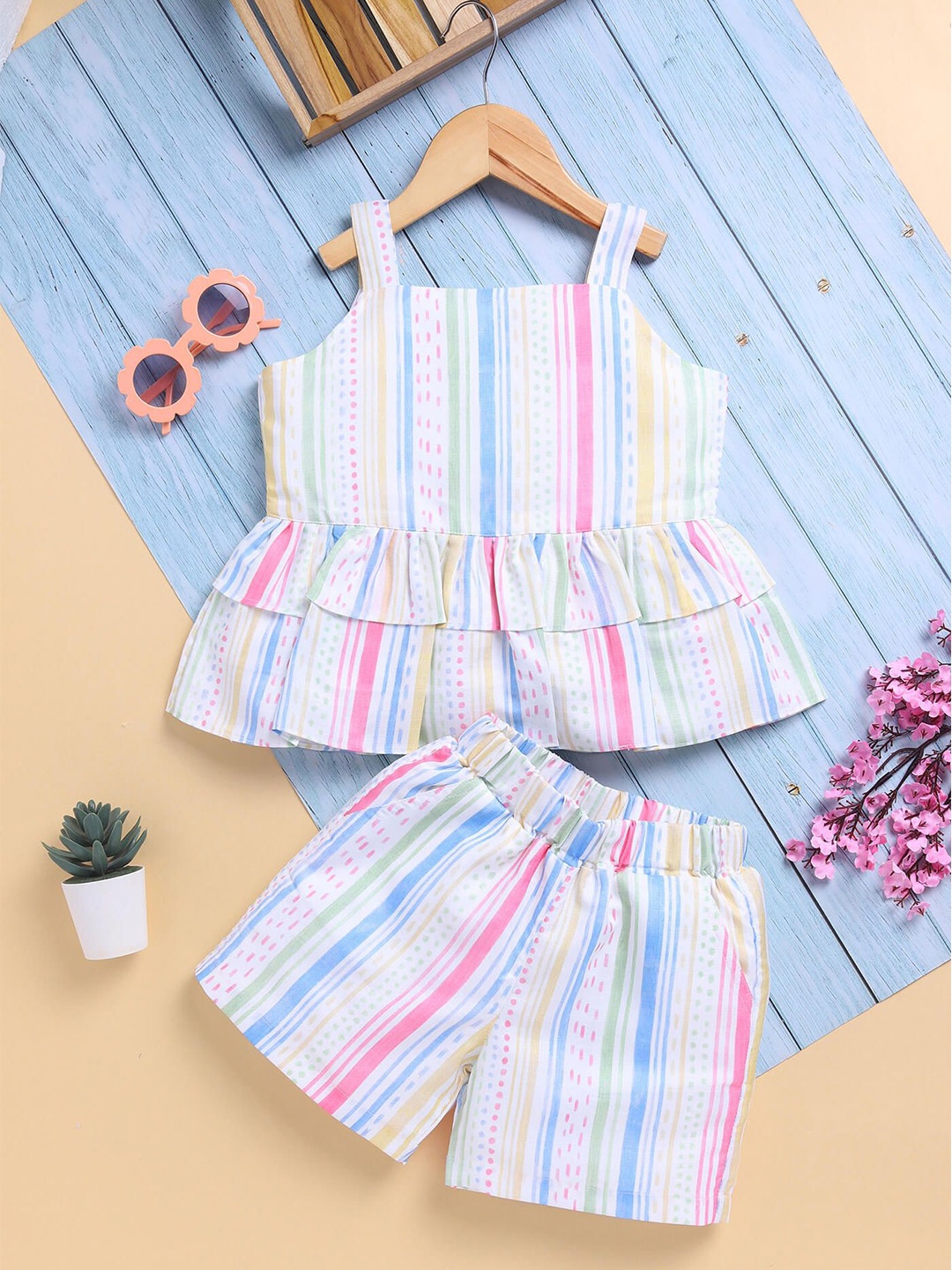 

Toonyport Girls Striped Pure Cotton Shoulder Straps Top With Shorts, White