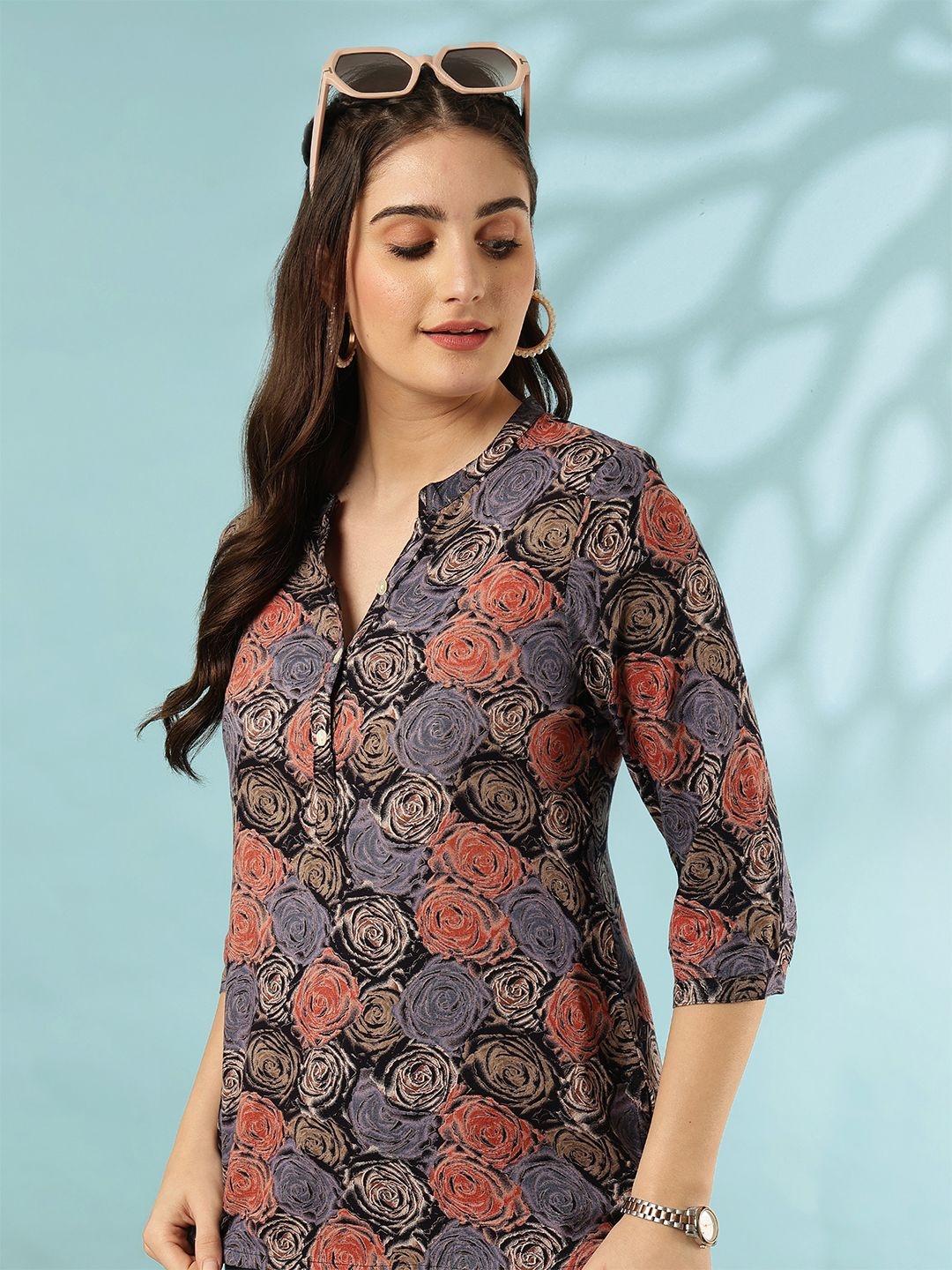 

Anouk Floral Print Mandarin Collar Shirt Style Top, Multi