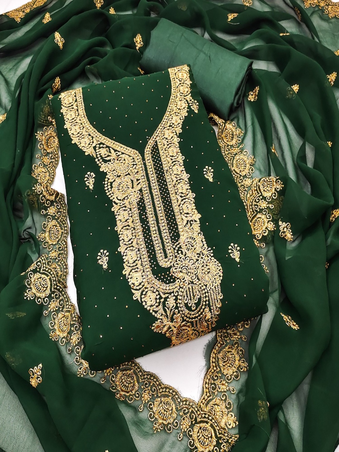 

KALINI Floral Embroidered Thread Work Unstitched Dress Material, Green