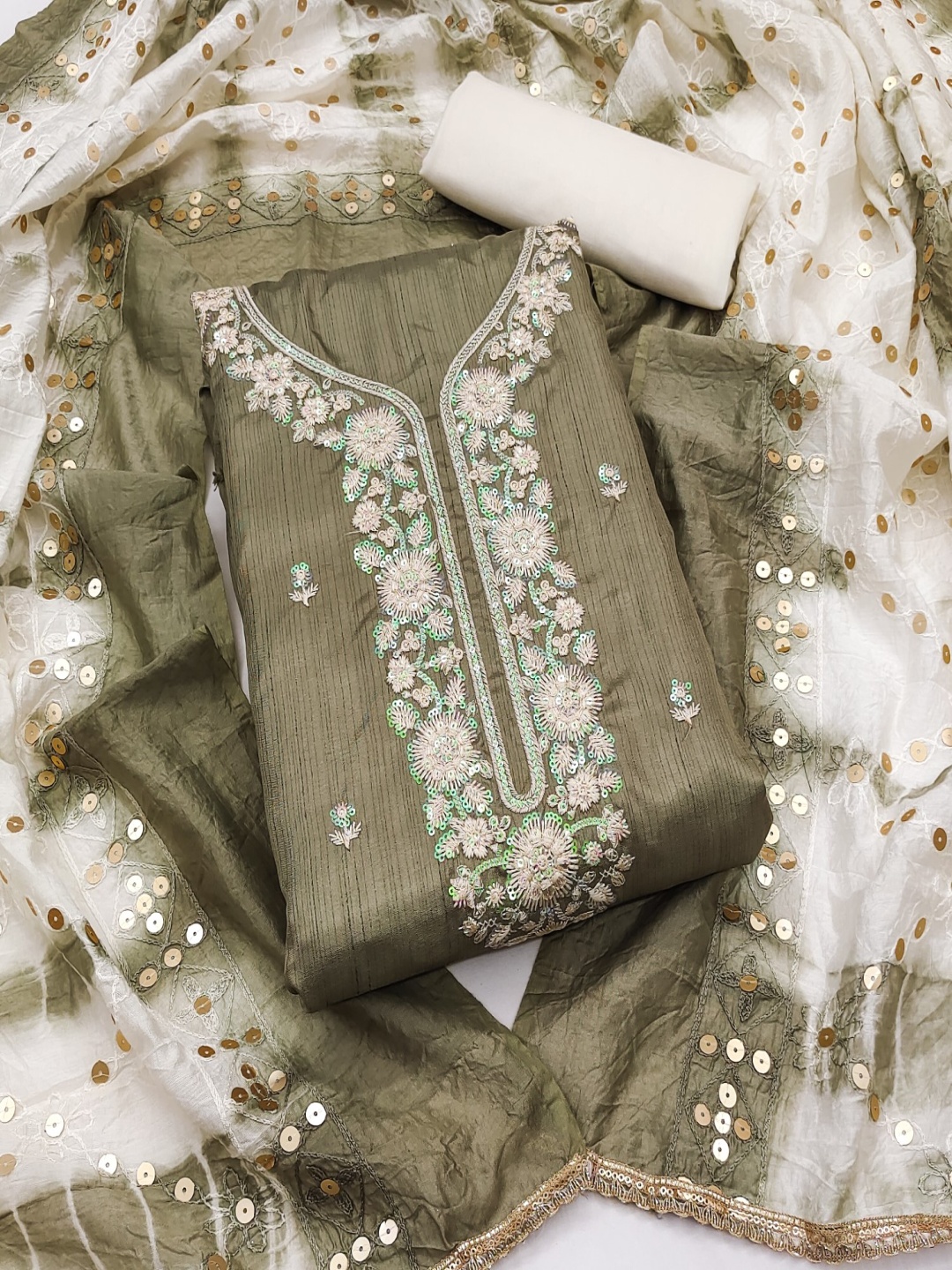 

Panzora Embroidered Sequinned Cotton Unstitched Dress Material, Green
