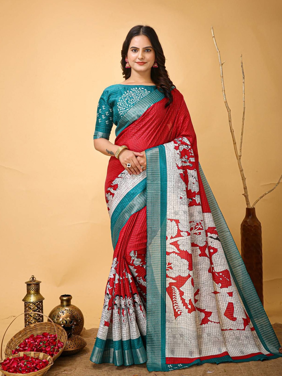 

DIVASTRI Kalamkari Pure Cotton Kanjeevaram Saree, Red