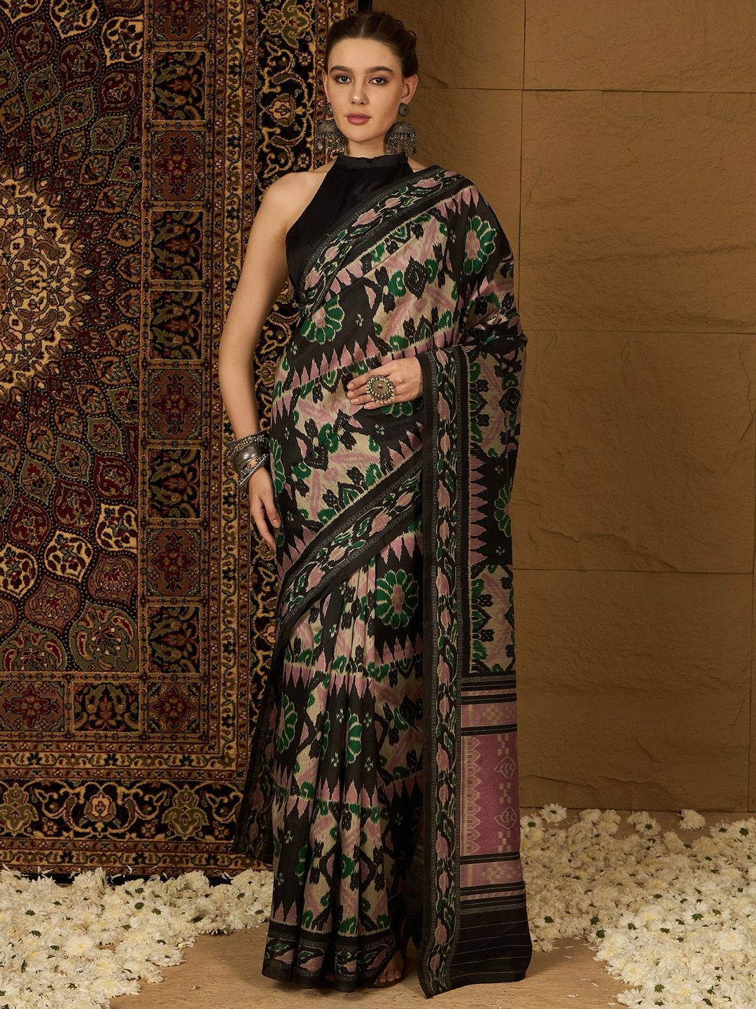 

Mitera Ethnic Motifs Silk Blend Ikat Saree, Black