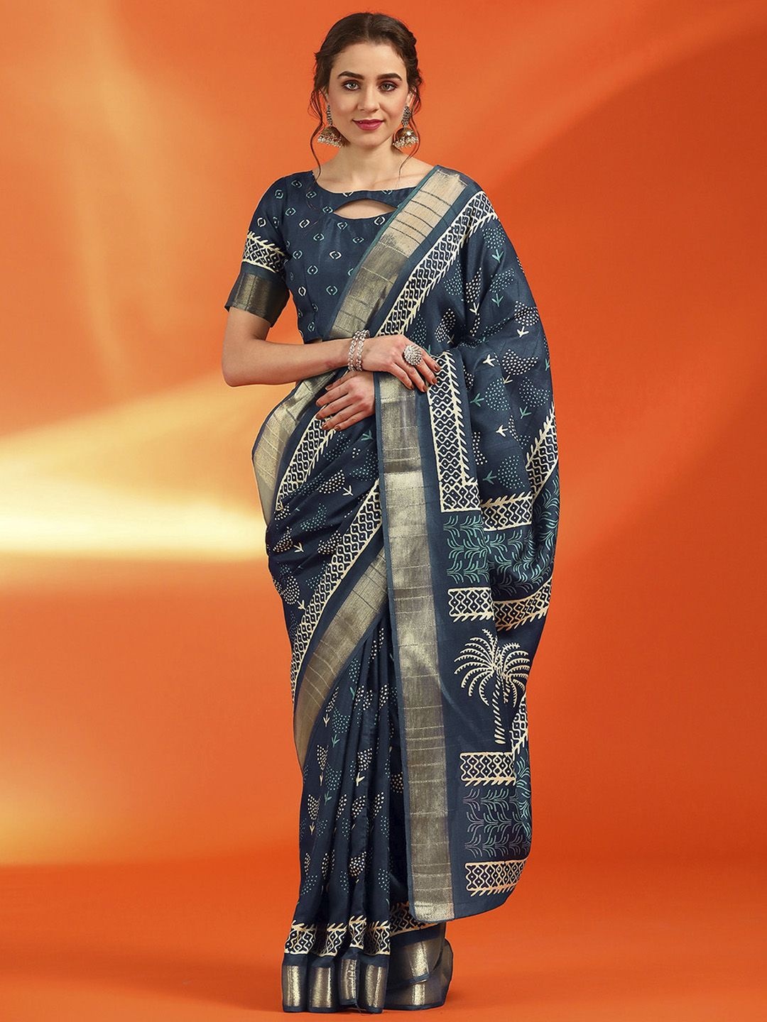 

Mitera Bagh Zari Silk Cotton Sungudi Saree, Teal