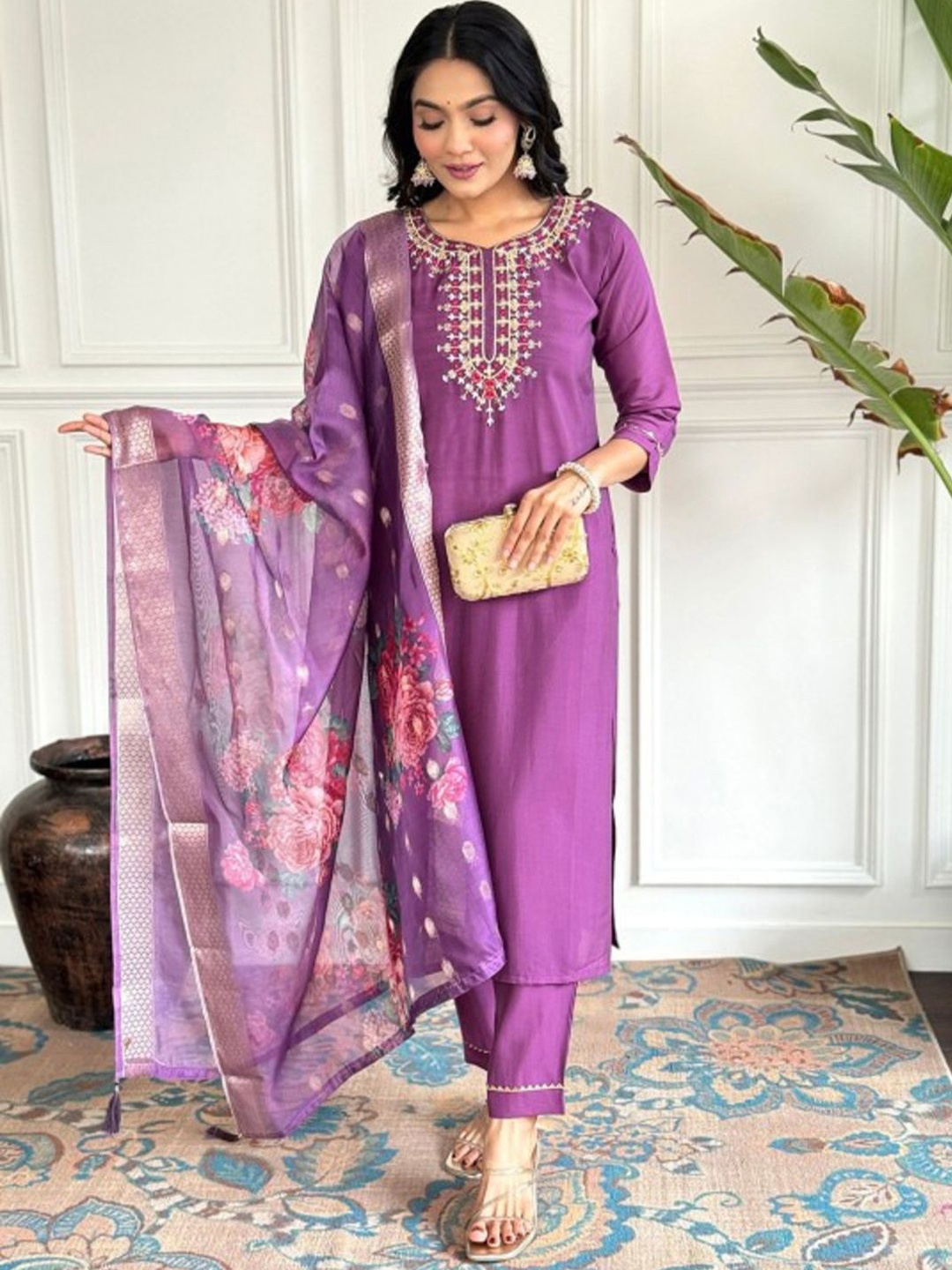 

GUNVANTI FAB Women Floral Embroidered Regular Sequinned Kurta with Trousers & With Dupatta, Purple