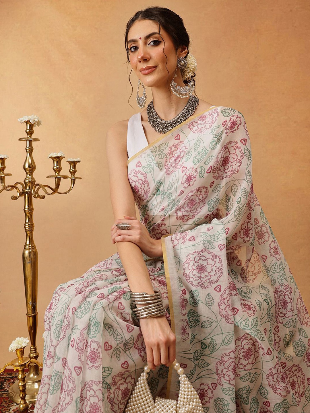

Silk Land Kalamkari Digital Printed Chanderi Saree, Off white