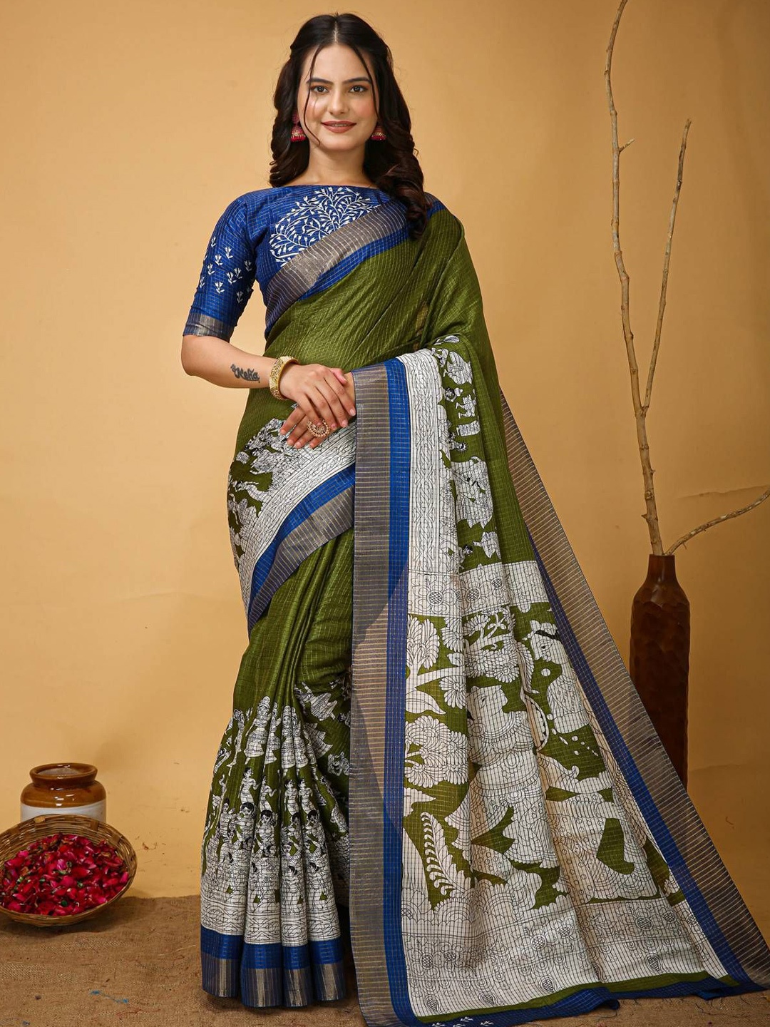 

DIVASTRI Kalamkari Pure Cotton Kanjeevaram Saree, Blue