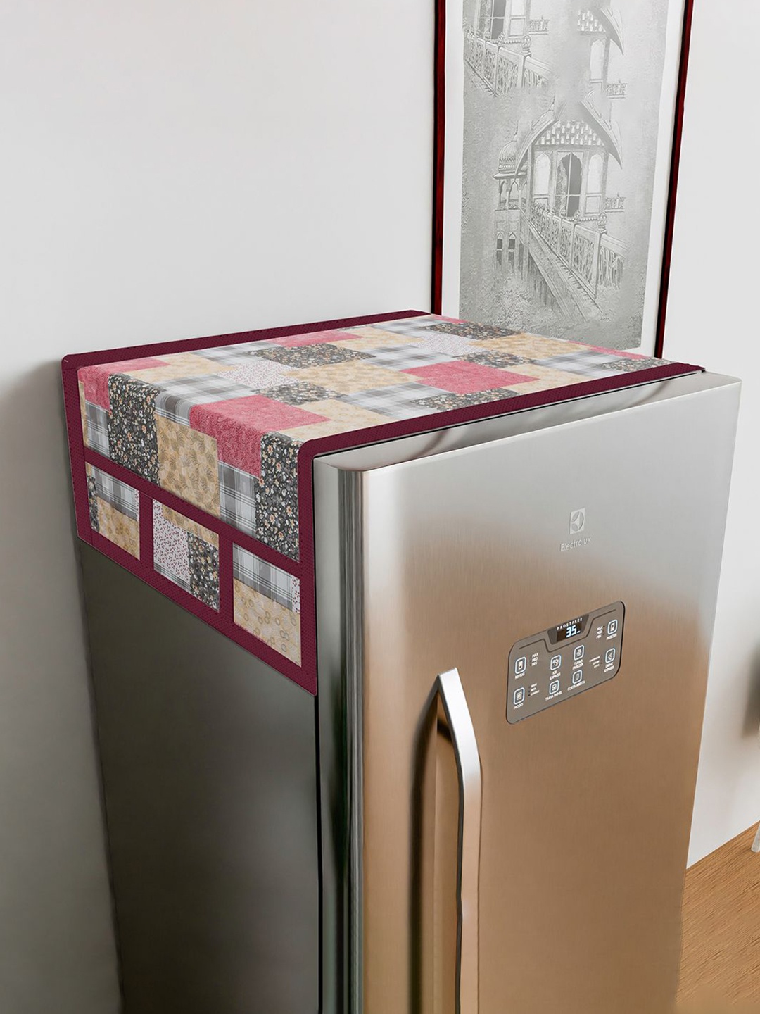 

Kuber Industries Maroon & Pink Printed Fridge Top Cover With 6 Utility Pockets