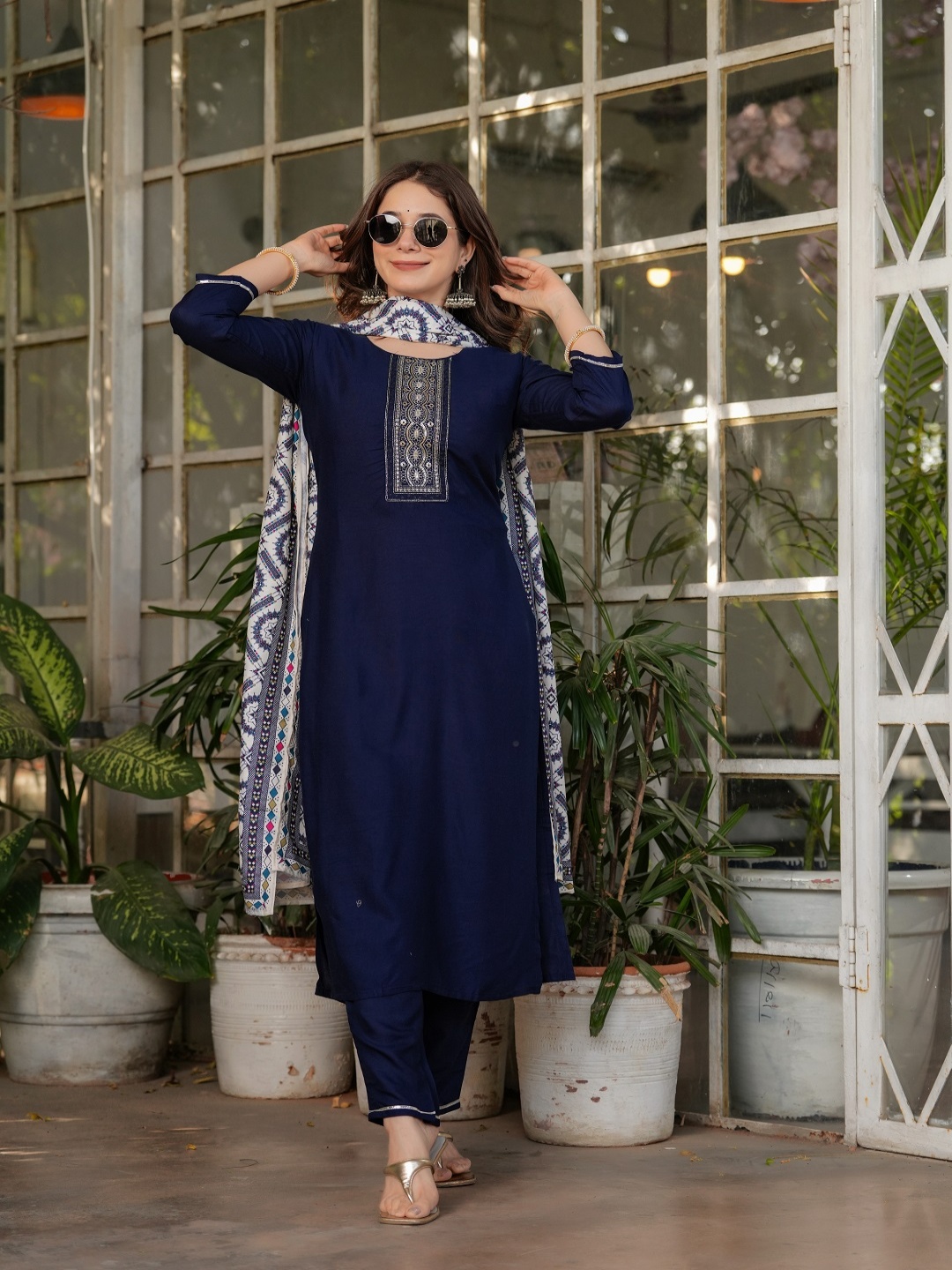 

ORUS Women Ethnic Motifs Embroidered Regular Sequinned Kurta with Trousers & With Dupatta, Navy blue