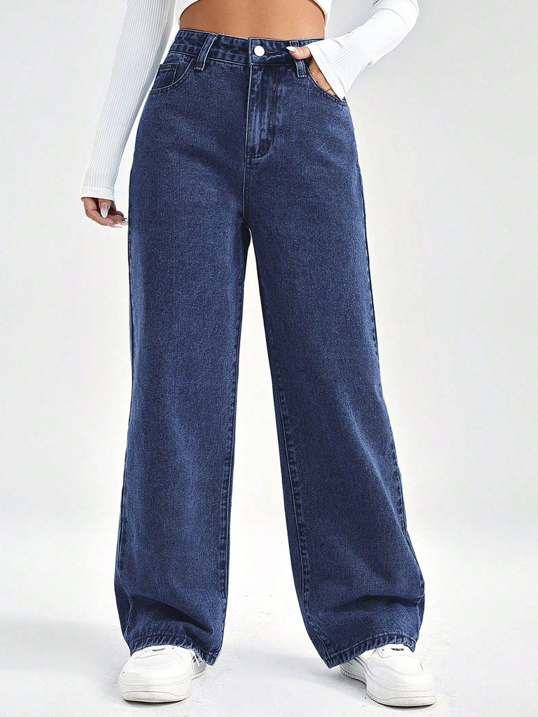 

DressBerry Women Comfort Straight Fit High-Rise Light Fade Acid Wash Stretchable Jeans, Navy blue