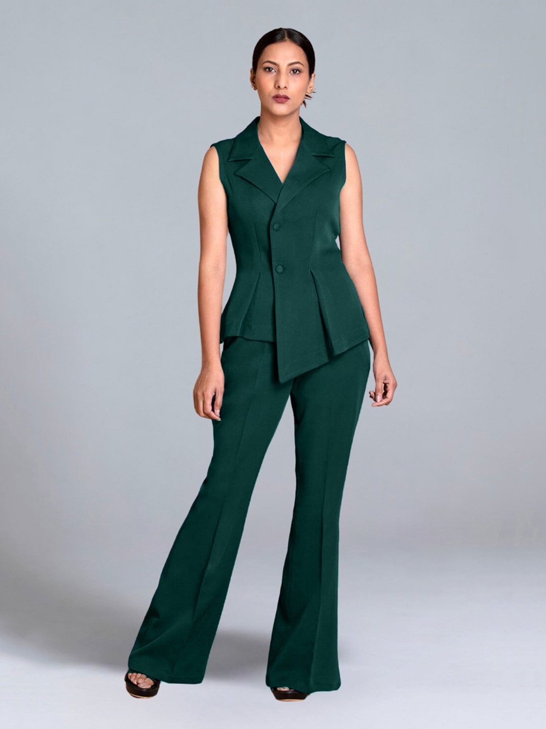 

Jaey Notched Lapel Collar Asymmetrical Waistcoat With Trousers, Green