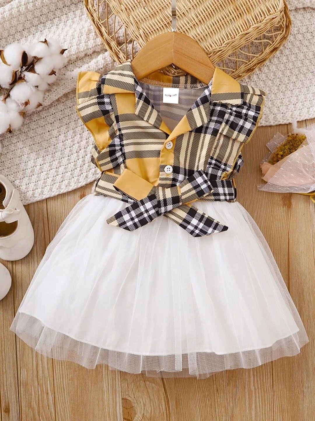 

Miss & Chief Embellished Checked Net A-Line Dress, Yellow