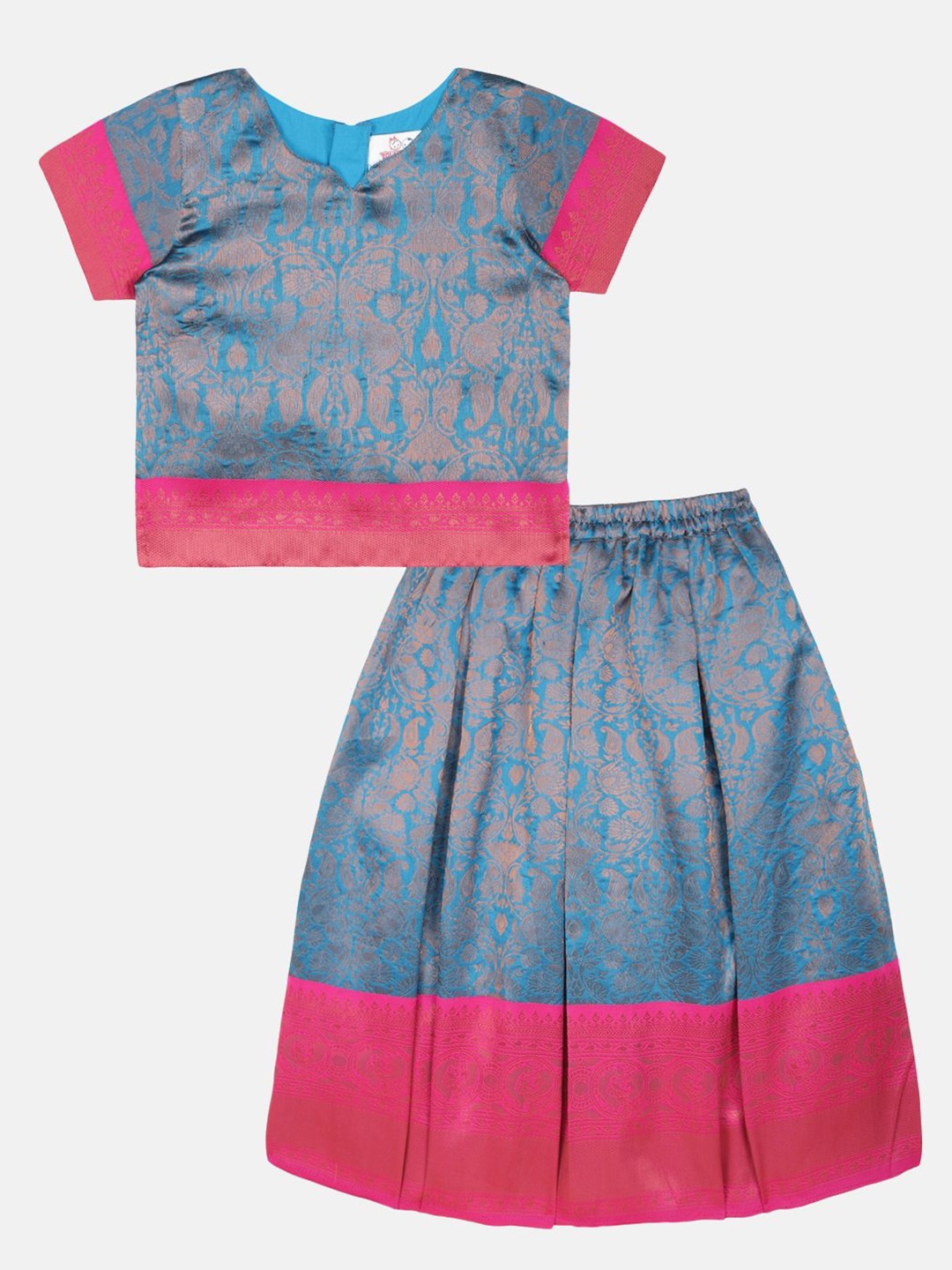 

YOUNG BIRDS Girls Ethnic Motifs Sweetheart Neck Top With Skirt, Blue