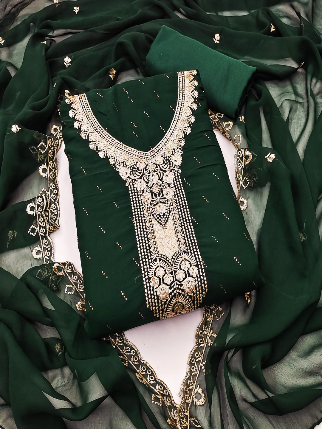 

KALINI REthnic Motifs Embroidered Georgette Unstitched Dress Material, Green