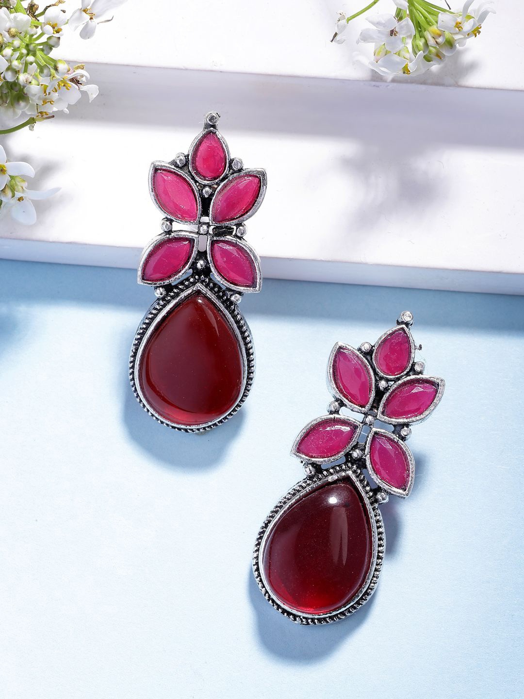 

NVR Women German Silver Artificial Stones Silver Plated Drop Earrings, Red