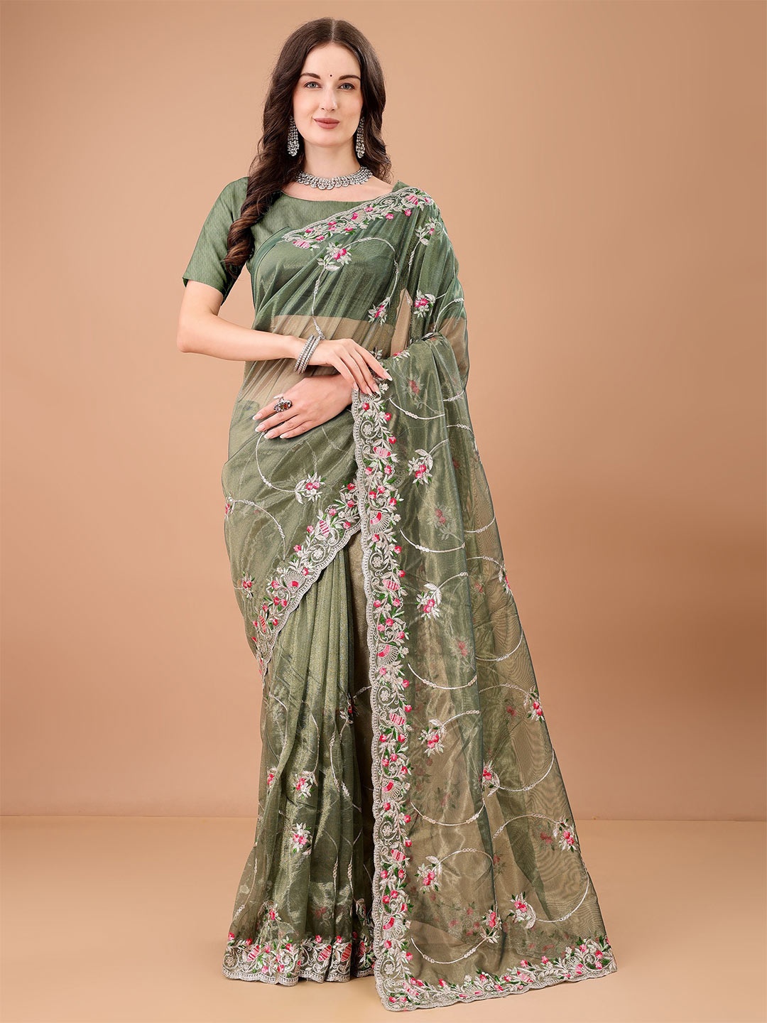 

devkison Designer Floral Embroidered Net Saree, Lime green