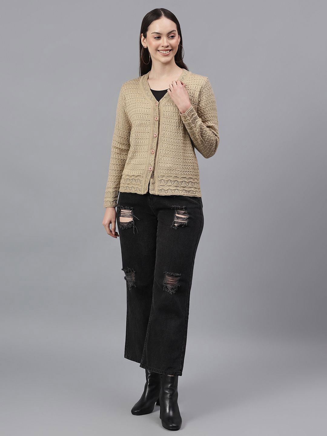 

Cantabil Women Cable Knit Cardigan, Beige